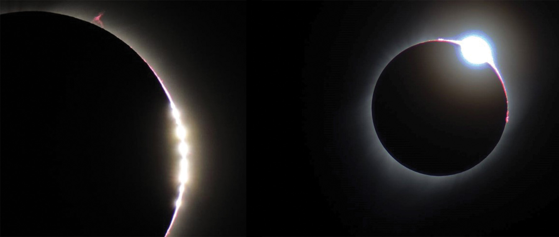 Bits of sunlight at the end of the black disk of the Moon, which is hiding the Sun during a total eclipse.