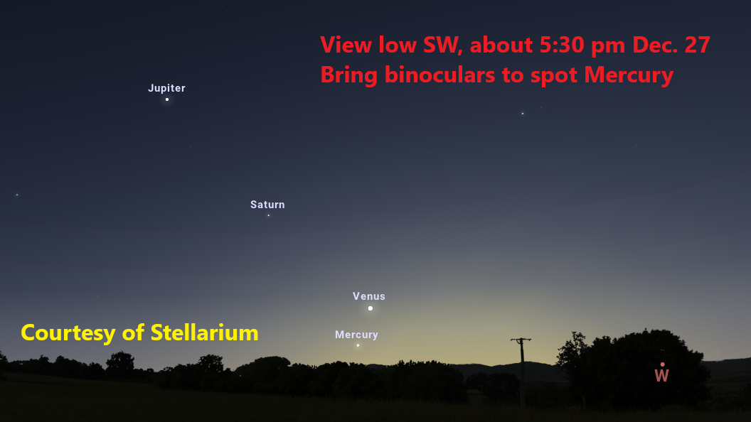 Mercury, Venus, Saturn, and Jupiter above the landscaped southwestern horizon.