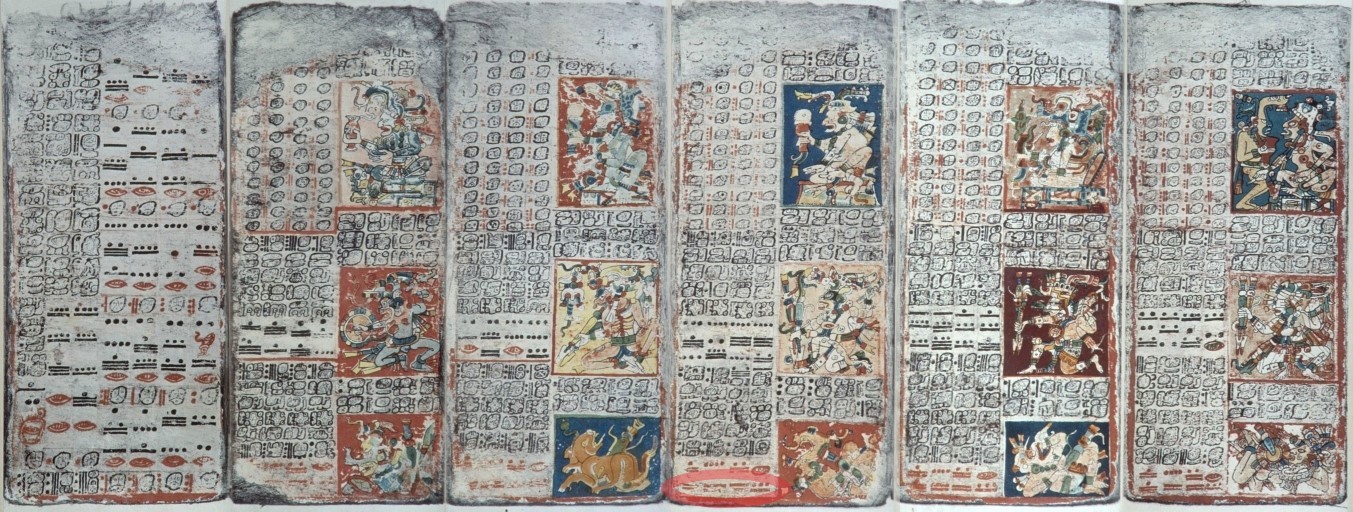Maya hieroglyphics and drawings adorn the Dresden Codex.  Circled symbols at the bottom of the middle page translate to the numbers 236, 90, 250, and 8. (Stairways to the Stars, Anthony Aveni)