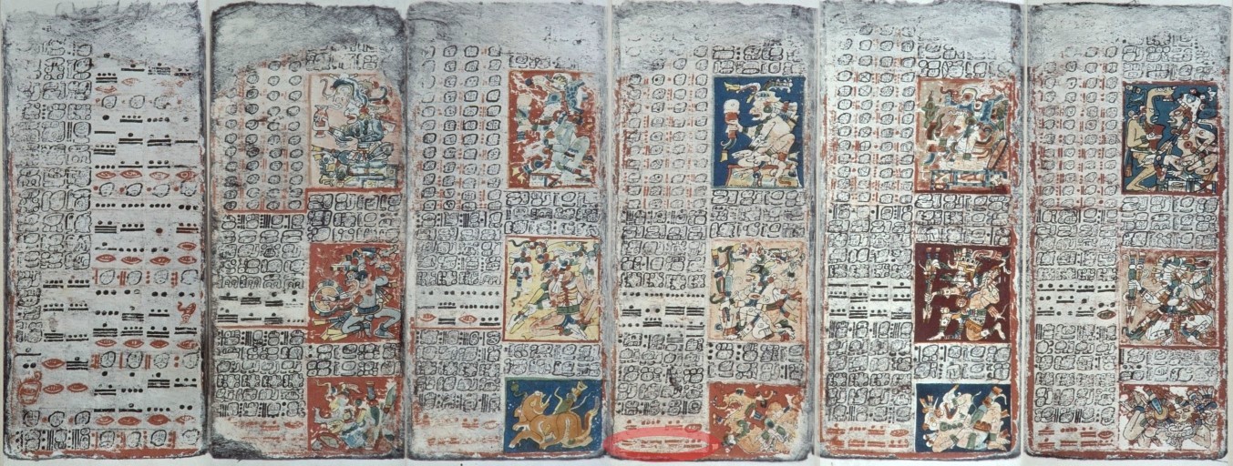 Dresden Codex Maya hieroglyphics and drawings adorn the Dresden Codex. Circled symbols at the bottom of the middle page translate to the numbers 236, 90, 250, and 8. (Stairways to the Stars, Anthony Aveni)