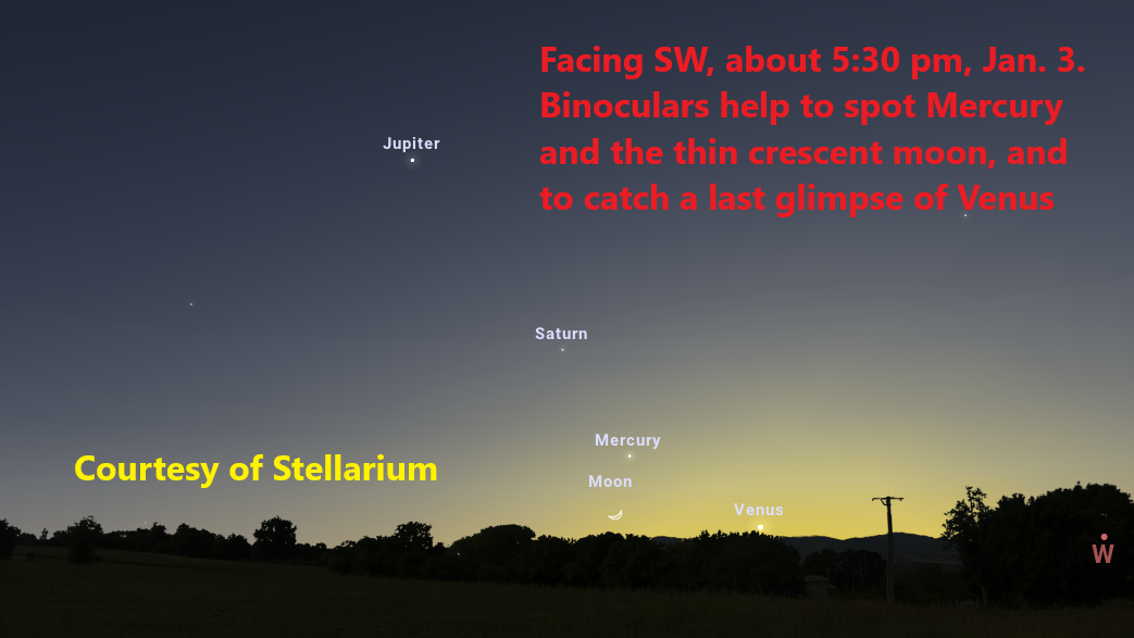 Jupiter, Saturn, Mercury, Venus, and the Moon form a line from upper left to lower right above the southwestern horizon, with the glow of twilight and a tree-lined horizon shown.