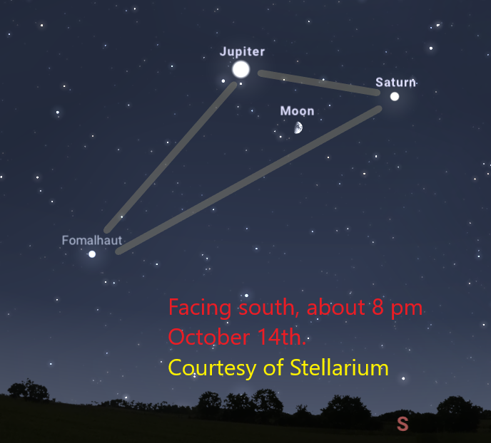 :Image of night sky, treeline, and triangle formed by the planets Jupiter, Saturn, and the star Fomalhaut.  Half moon is seen inside triangle.
