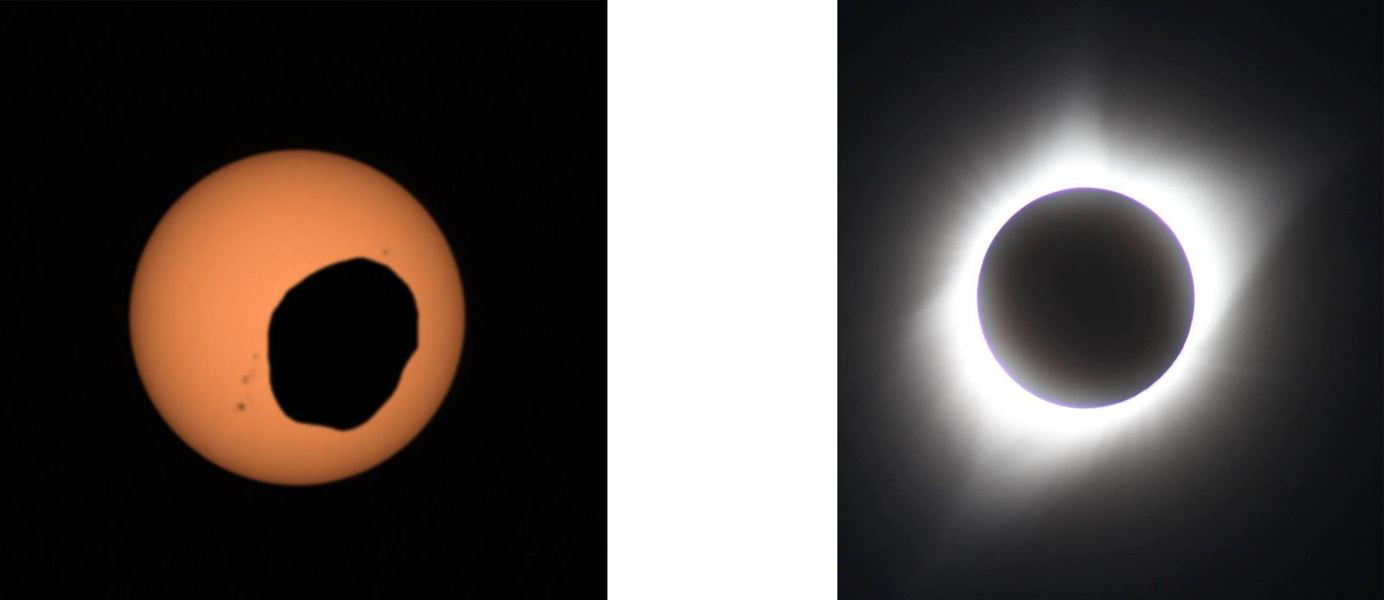 A potato-shaped moon of Mars passes in front of the Sun, causing an eclipse (left)   A hazy white corona surrounds the black disk of the totally eclipsed Sun (right).