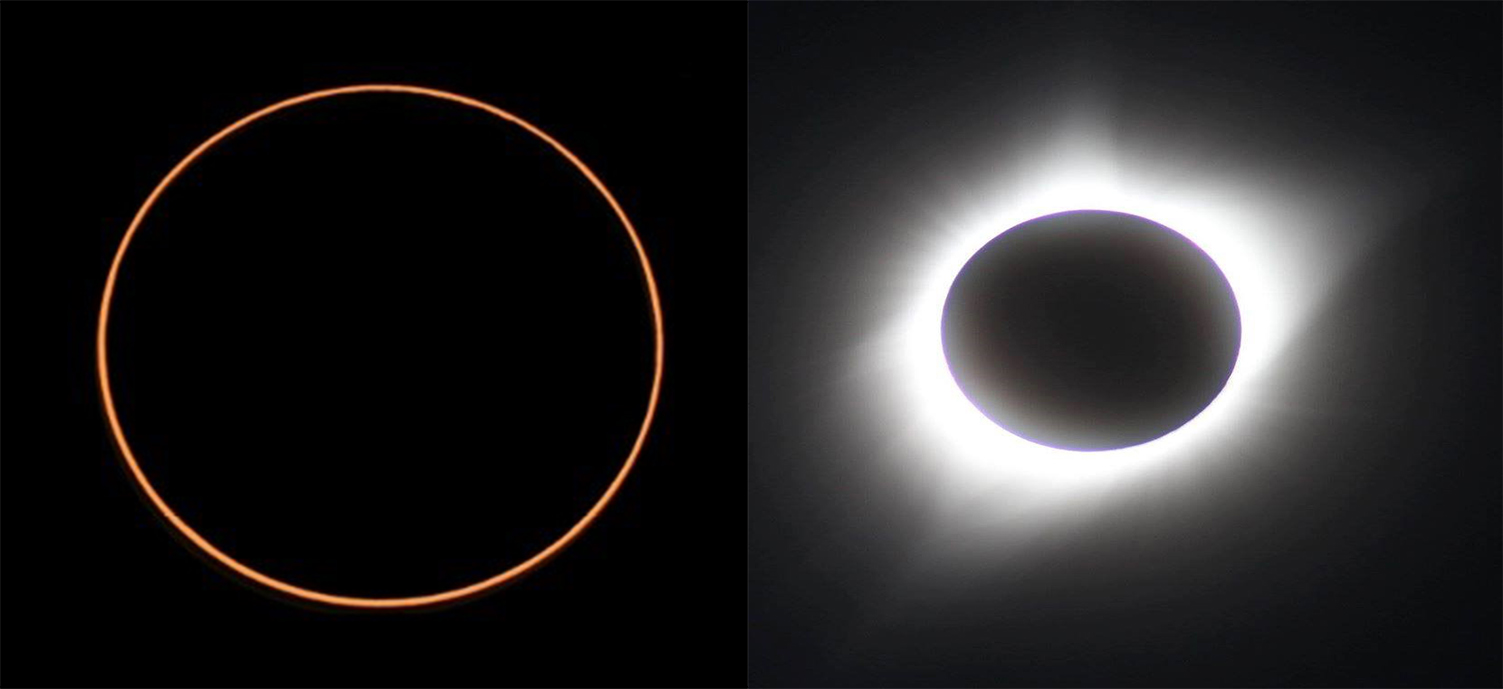 Annular eclipse on the left which is a thin red ring of light outlining the black moon and a total eclipse on the right which has white flares of light coming from behind the black moon.