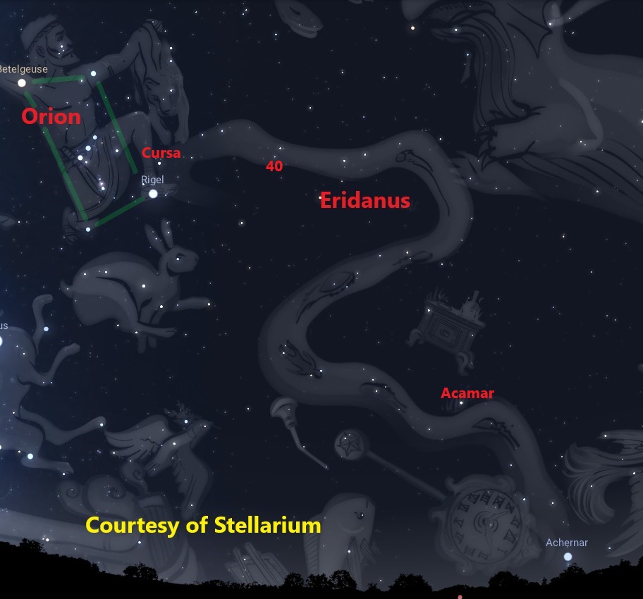 White stars on the black background of the dark sky, with red text identifying stars.  Drawings of a hunter, river, and other animals and objects outline the constellations.
