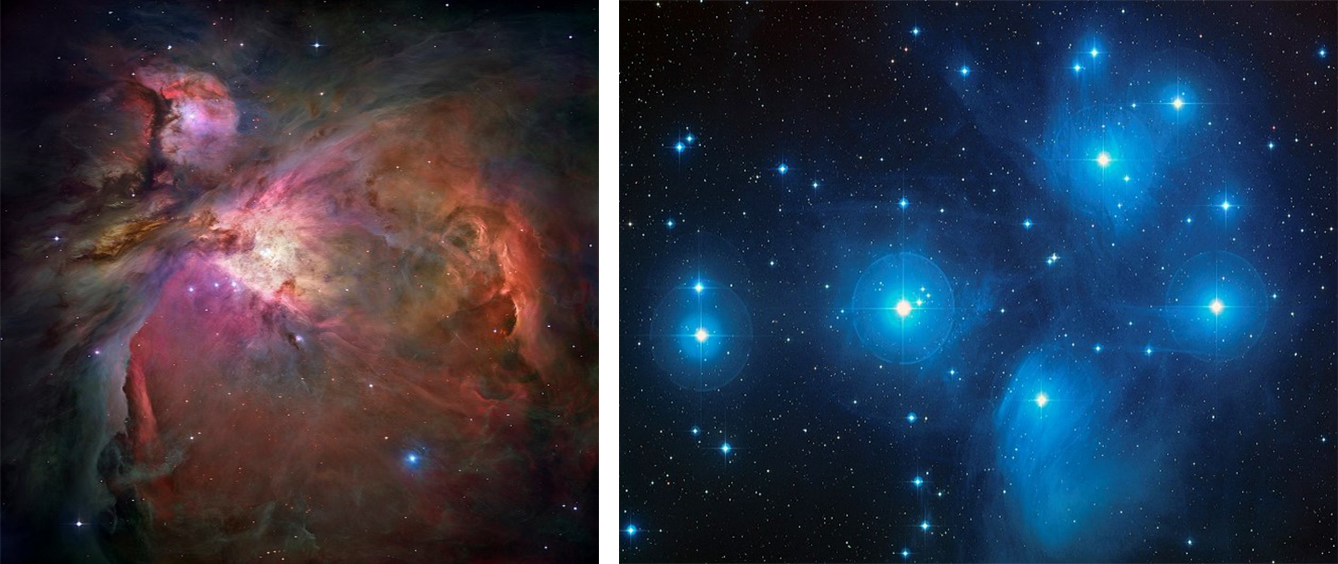 Orion and Pleiades Cluster Left: Pinkiah-red cloud of gas, with point like stars shining through. Right: Dozens of stars, seen as bluish-white points of light, with the dark background of the sky. The larger stars are surrounded by hazy bluish clouds.
