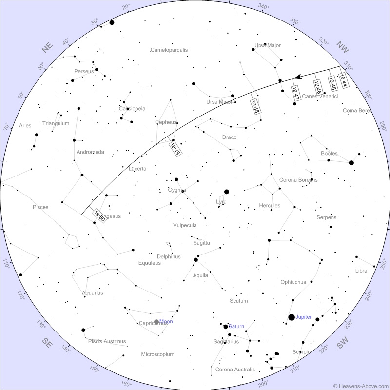 sky chart for October 2019 showing passage of the space station sky chart for October 2019 showing passage of the space station