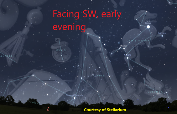 Field of stars on a dark sky, with images of a dog, ship and compass showing the star patterns.