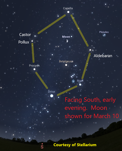 Photo: Facing south early evening. Moon shown for March 10. A dark sky filled with bright stars, shown as points of light, and a tree lined horizon. The brightest stars form a six-sided pattern.