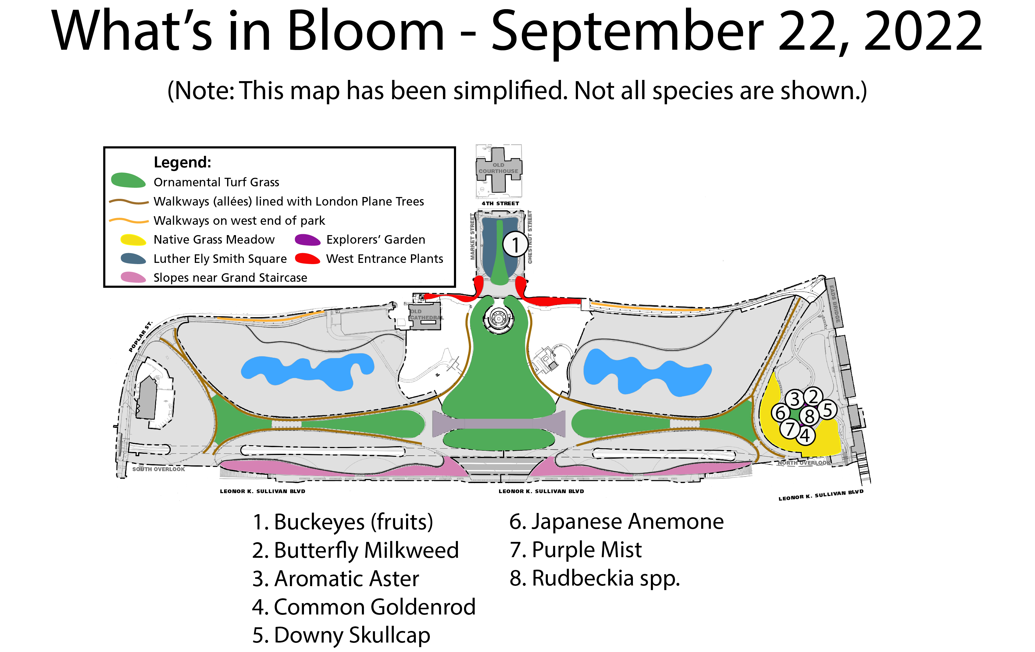 A map of the park grounds. Circled numbers are sprinkled throughout. At the bottom, a legend shows which number represents which species.