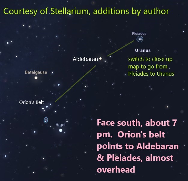 A rendering of the night sky, with text labeling stars and directions for locating this view overlayed.