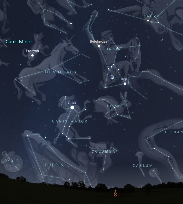 White dots representing stars on a dark sky, with trees at the bottom representing the horizon.  Pictures of a hunter, dogs, a hare, and other figures form the constellations. 