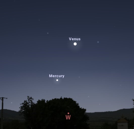 Map shows dark blue sky with trees marking the horizon. White dots mark the planets Mercury and Venus.