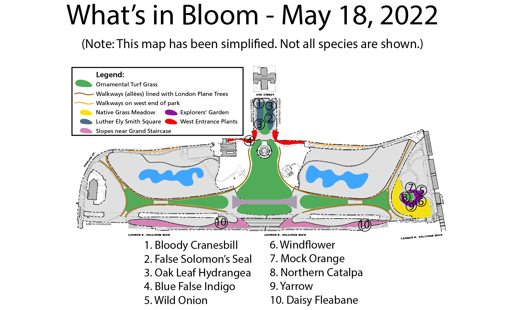 A colorful map of the grounds of Gateway Arch National Park. Circled numbers indicate the locations of featured plants. Legends on bottom and top-left sides.