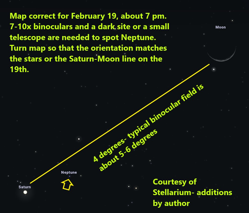The projected night sky on February 19. Scattered stars are shown on a field of black. Yellow print and markings are on top.