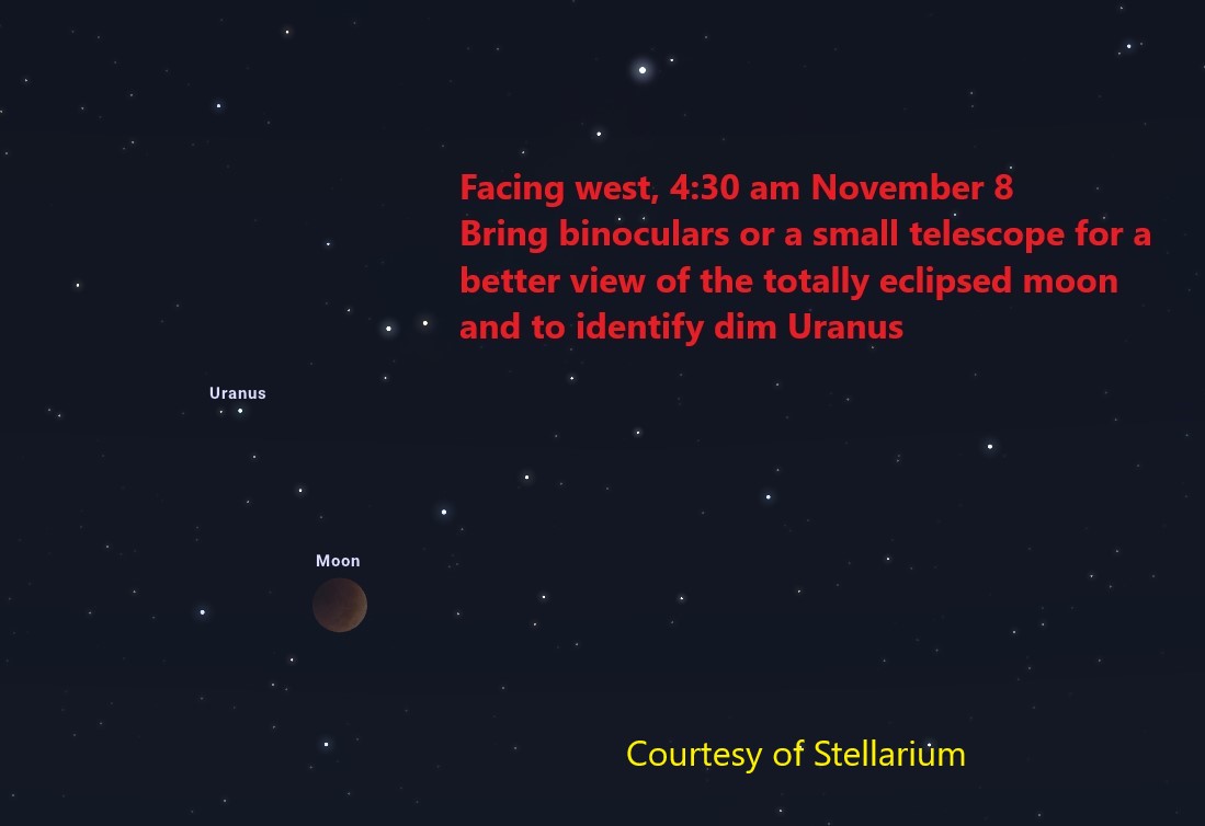 Dark blue background with white dots showing stars. A dark red circle shows the eclipsed moon.