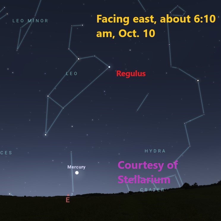 A bright dot depicting the planet Mercury, plus many other dots representing stars, appears on a dark background marking the sky.   Colored text describes the scene.   A line of trees marks the horizon.