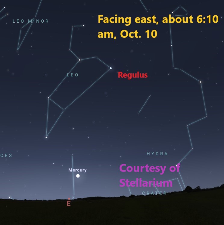 A bright dot depicting the planet Mercury, plus many other dots representing stars, appears on a dark background marking the sky. Colored text describes the scene. A line of trees marks the horizon. A bright dot depicting the planet Mercury, plus many other dots representing stars, appears on a dark background marking the sky. Colored text describes the scene. A line of trees marks the horizon.