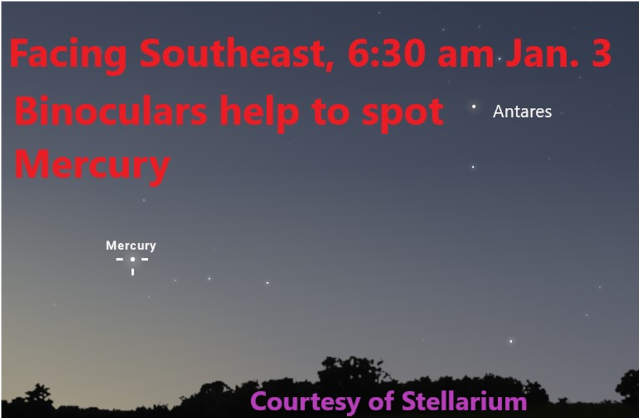 Dots represent the planet Mercury and star Antares in this map of the morning sky.