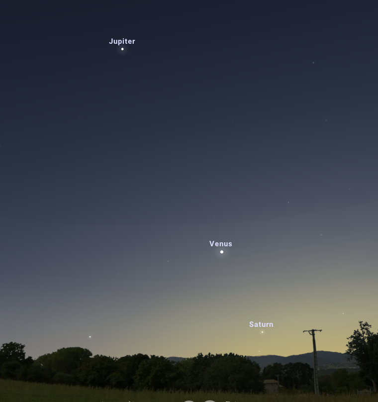 Facing southwest, about 6pm, early February. Dots on a night sky background, with a yellow glow depicting twilight.