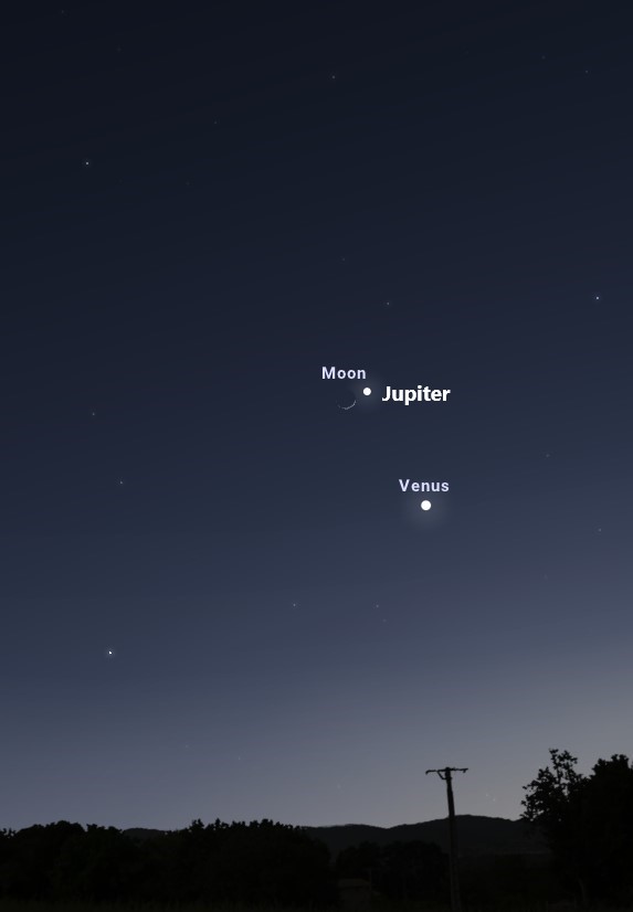 Facing southwest, about 6:30pm on February 22. White dots and a crescent moon shape on a dark night sky background.