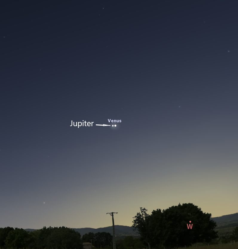 Facing southwest, about 6:30pm on March 1. Courtesy of Stellarium. White dots on a dark night sky background, with a yellow glow depicting twilight.