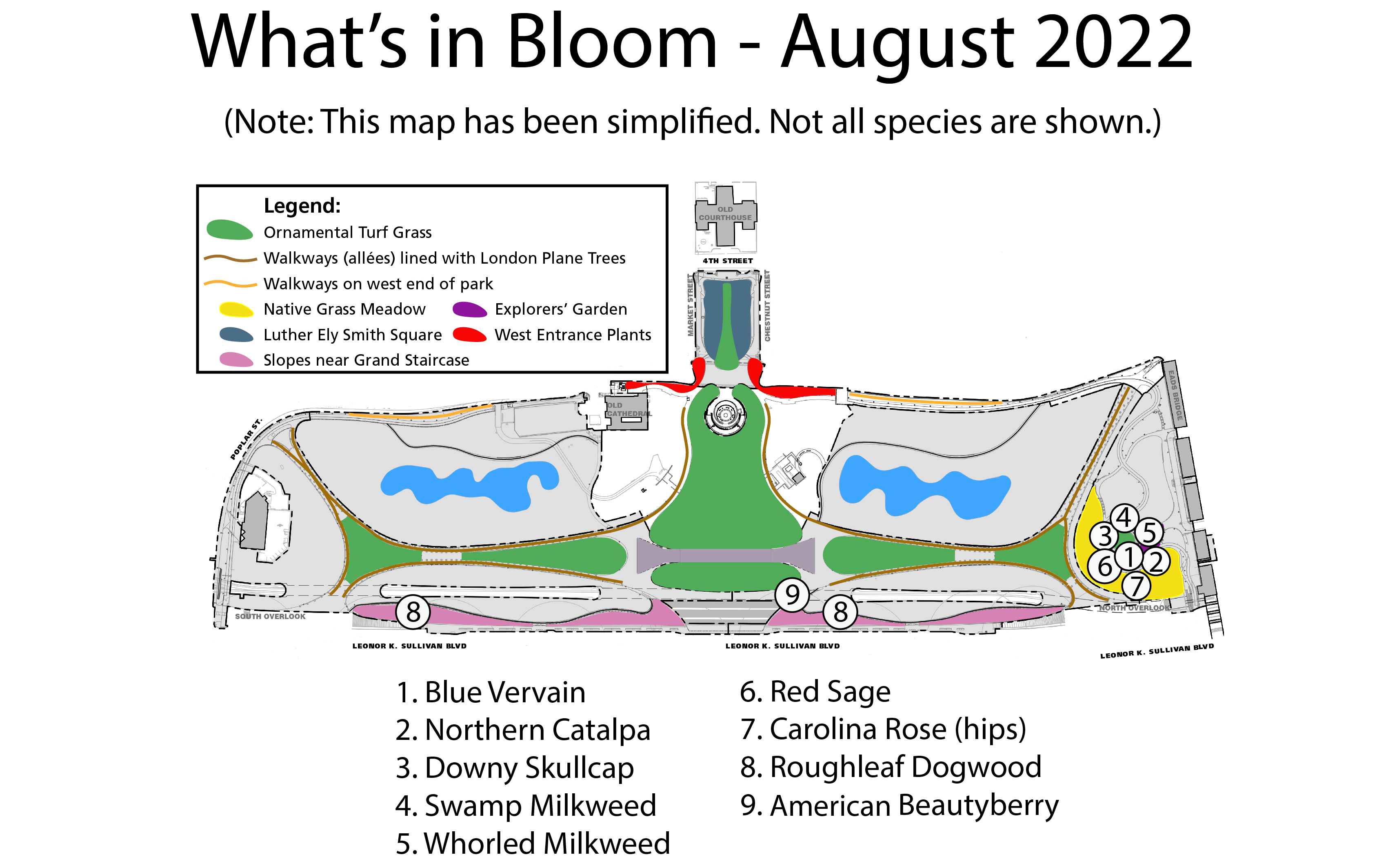 whats in bloom aug 2022 A map of the arch grounds with circled numbers placed on it. A legend on the bottom tells what species the numbers on the map represent.