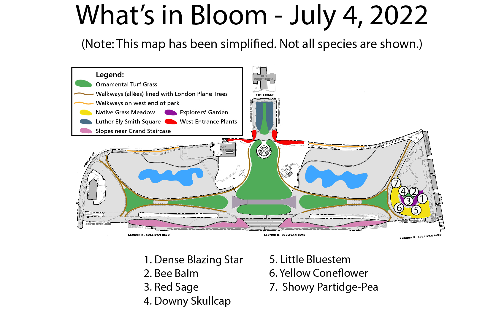whats in bloom july A map of the park's grounds overlaid with blotches of many colors indicating the different planting areas. A legend above the map shows what planting areas are represented by the colors. Circled numbers represent blooming plant species found in each area.