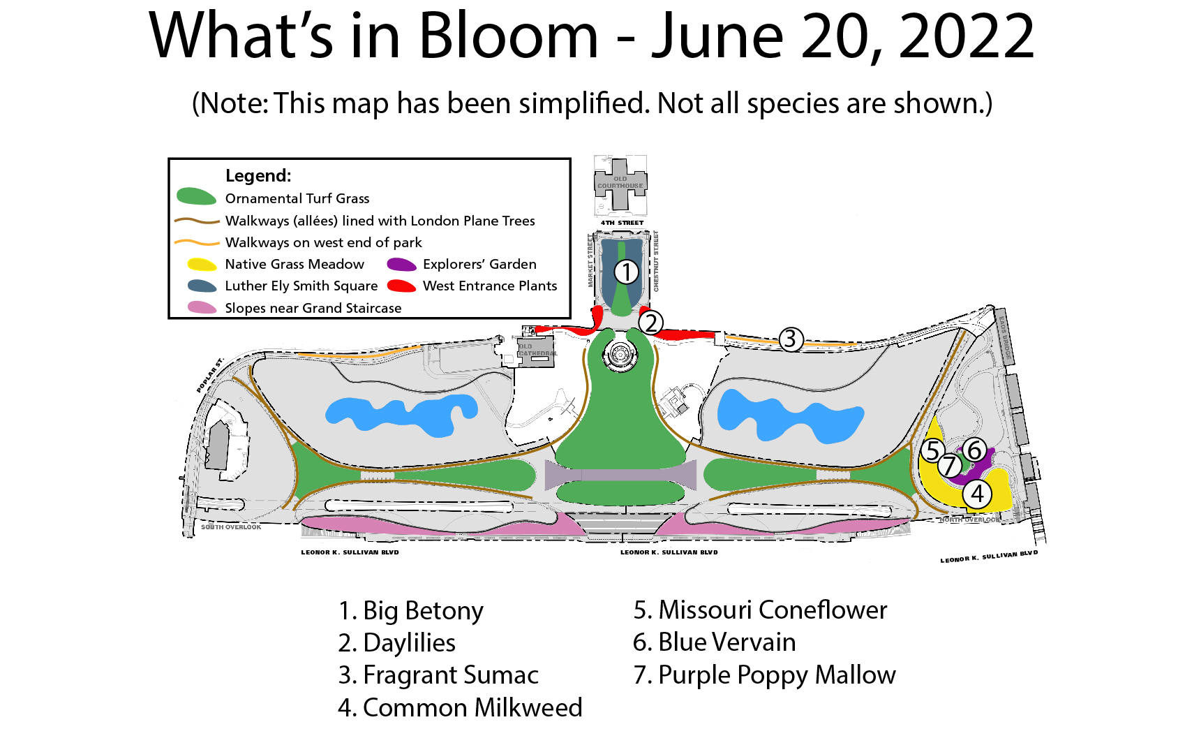 whats in bloom mid june A map with colored areas showing different plant groupings. Circled numbers corresponding to currently blooming plants are spread over the map. A legend is on the bottom.