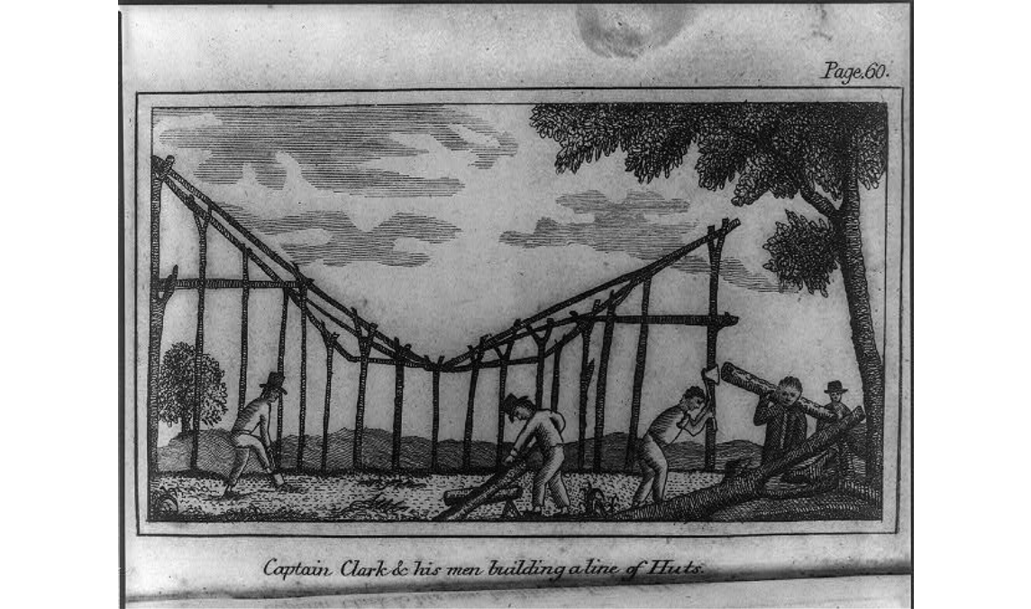 drawing of five men building wooden huts in an open field.