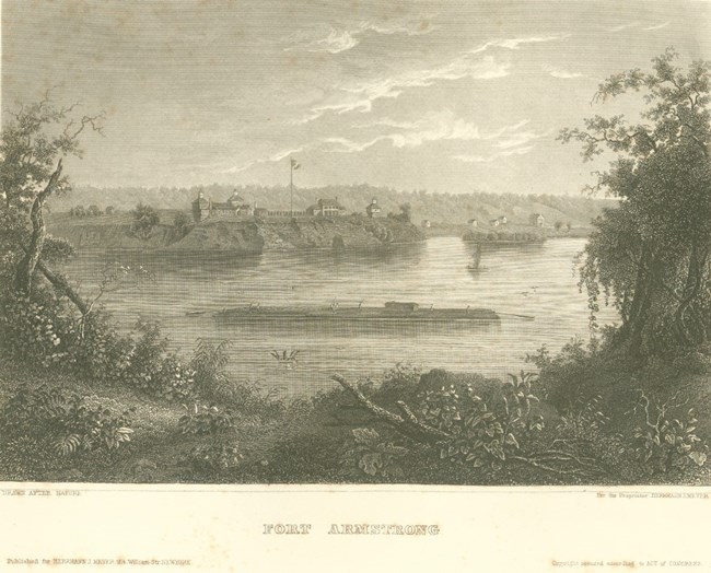 engraving of Fort Armstrong showing the fort, the river and a boat in the river with people upon it