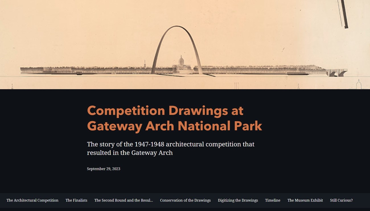 screenshot of exhibit main page reading "Competition Drawings at the Gateway Arch"