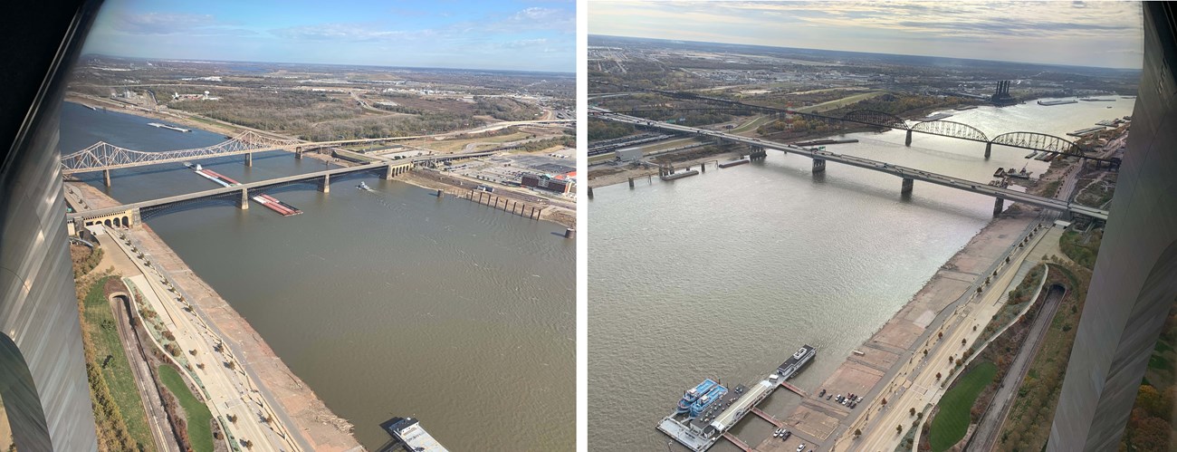 Two pictures, side by side, of the river views from the top of the arch. Four bridges are visible