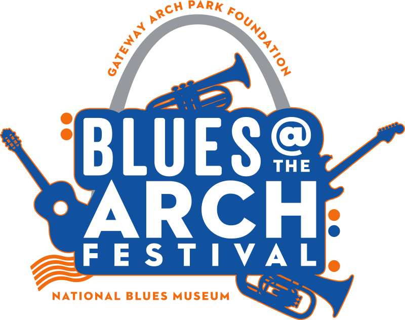 Blues Festival at the Arch 2022 logo. Graphic of various instruments coming out of the Text and the Arch.