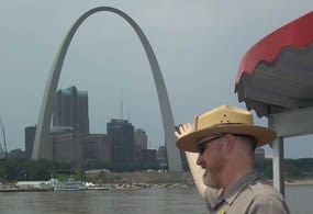 Park Ranger pointing at Gateway Arch from Riverboat Park Ranger pointing at Gateway Arch from Riverboat