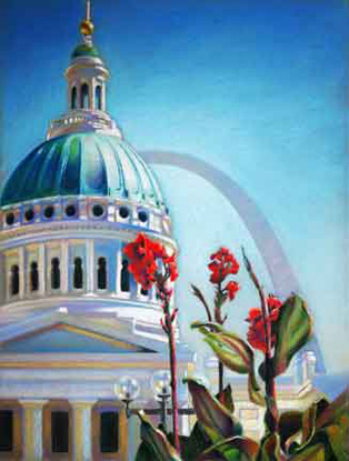 Artwork by Floyd Randall of the Arch and the Old Courthouse