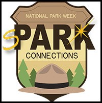 badge shaped logo, text sPark Connections, National Park Week