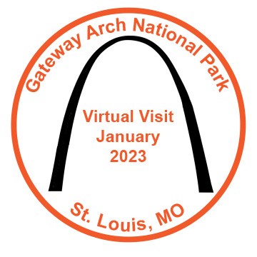 An orange circle surrounds a black arch Inside the top of the circle it reads Gateway Arch National Park. Inside at the bottom of the circle it reads St. Louis, MO and in between the legs of the arch it reads, Virtual Visit January 2023