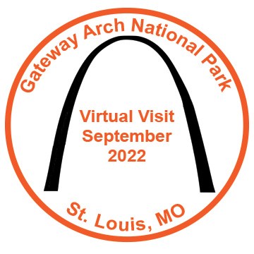 Orange circle, Gateway Arch National Park and St. Louis, MO. Center of the circle is a black Arch and between the legs of the Arch in orange it reads Virtual Visit, September 2022.