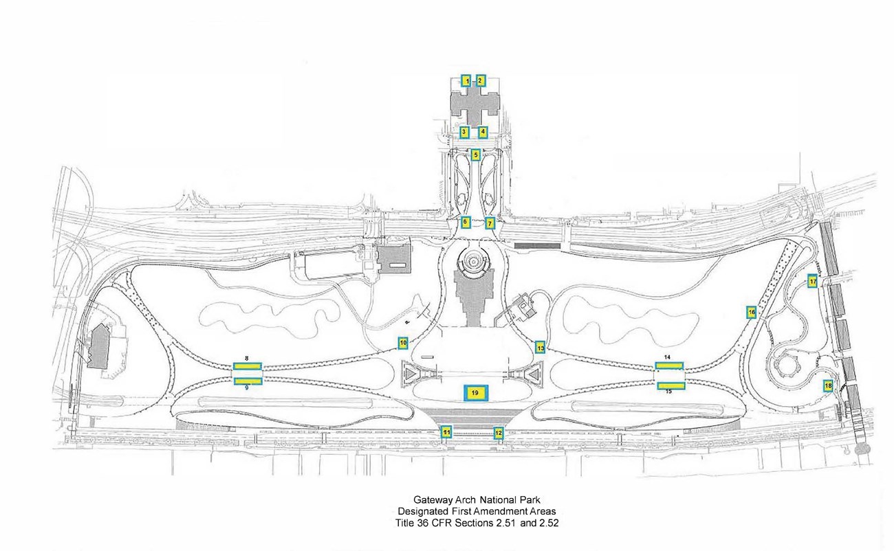 a map of the Arch grounds with numbers designating first amendment areas around the Old Courthouse and several other sites described in the text below
