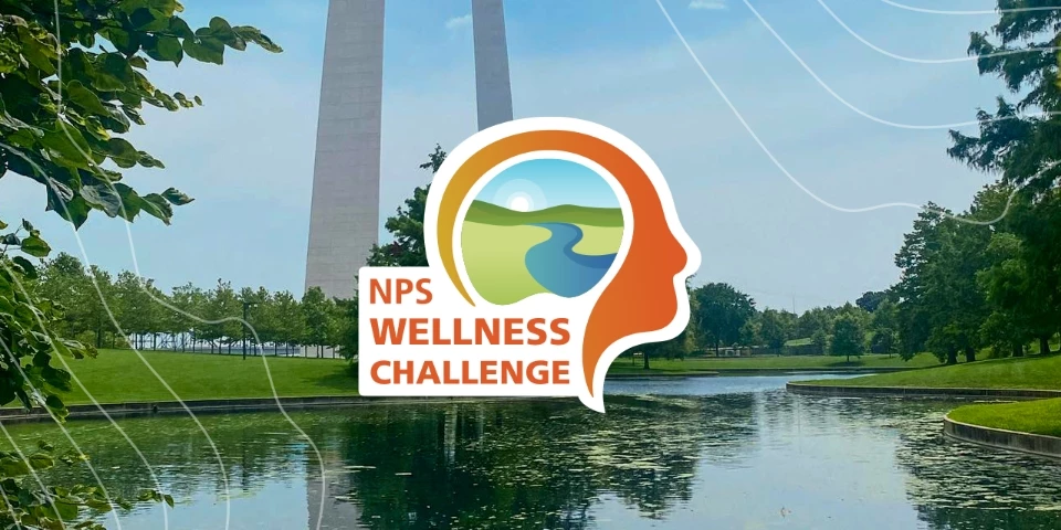 The NPS Wellness Challenge at Gateway Arch National Park An orange graphic of a head in profile containing an image of a river winding through a landscape that says NPS Wellness Challenge in front of an image of the two legs of the Arch in front of a blue sky behind the pond