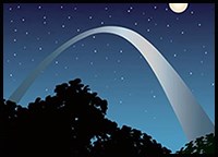Starry night sky with the moon in upper right and the Gateway Arch in the middle