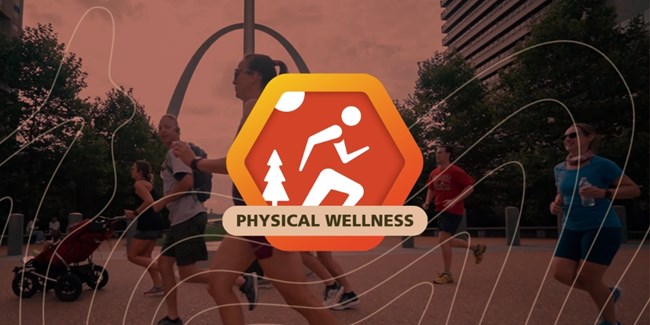 orange toned hexagon graphic with a stylized running figure on top of a photo of people running in front of the Arch