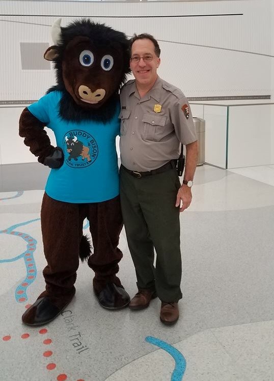 Buddy Bison and Sky Ranger Rich pose together