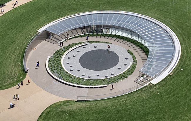 View from above of the west entrance to the Gateway Arch