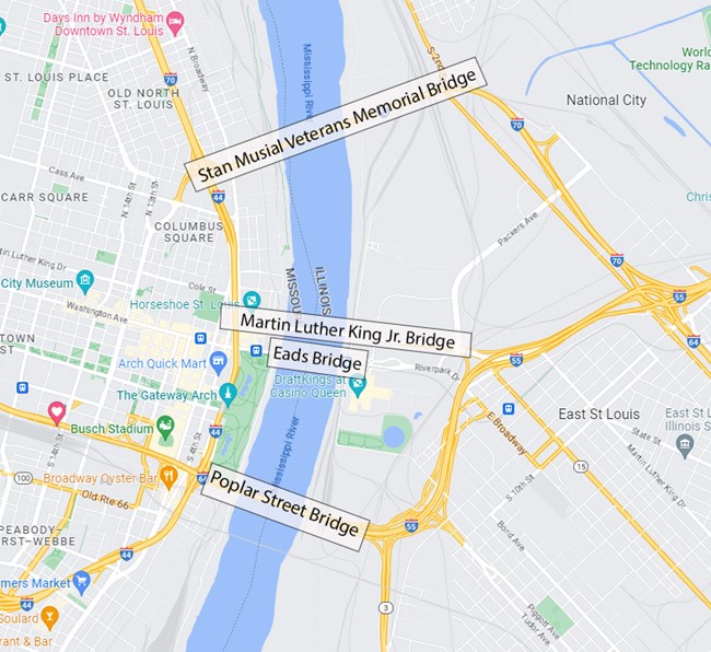 A map of the St. Louis metro area with the names of the four downtown bridges displayed over each bridge
