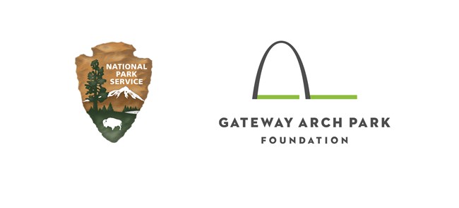 the arrowhead logo of the National Park Service on the left and the logo including the Arch shape of Gateway Arch Park Foundation on the right