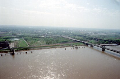 View of the Mississippi River from the top of the Gateway Arch.