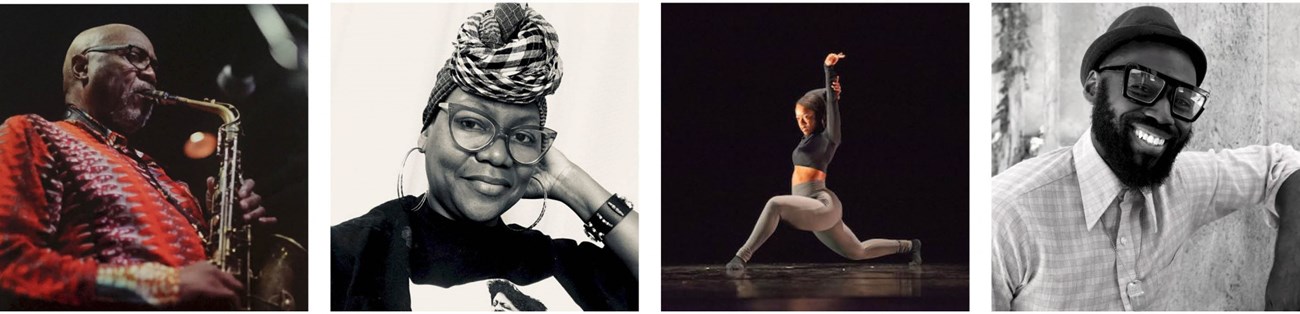 Left to right: image of man playing the sax, black and white portrait of a Black woman with glasses, dancer on stage and portrait of a smiling Black man with glasses.
