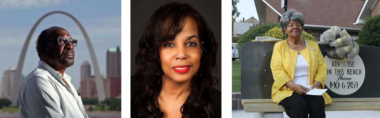 images from left to right: portrait of Percy Green with Gateway Arch in the background, portrait of Lynne Jackson and portrait of Elizabeth Eckford sitting on a bench.